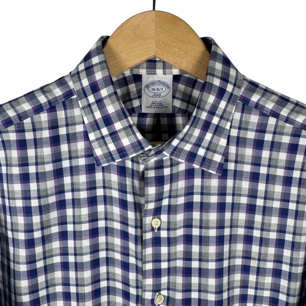 Brooks Brothers 346 Slim Fit Non-Iron Plaid Dress Shirt Men 16 36 37 Purple Gray